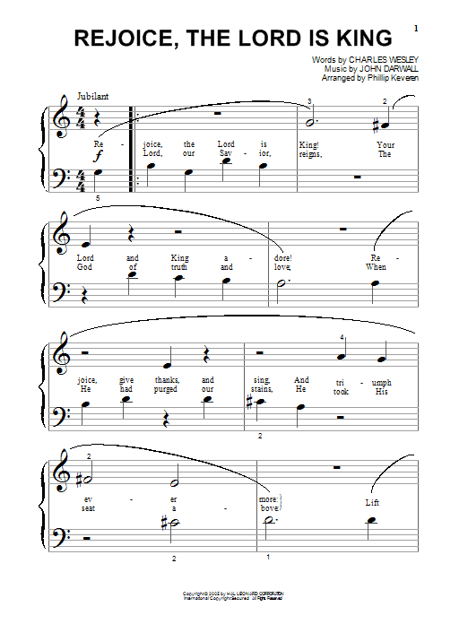 Learn to play Charles Wesley Rejoice, The Lord Is King sheet music for Beginning Piano Solo in minutes. Price: 6.9900$ Charles Wesley Rejoice, The Lord Is King sheet music notes and chords arranged for Beginning Piano Solo