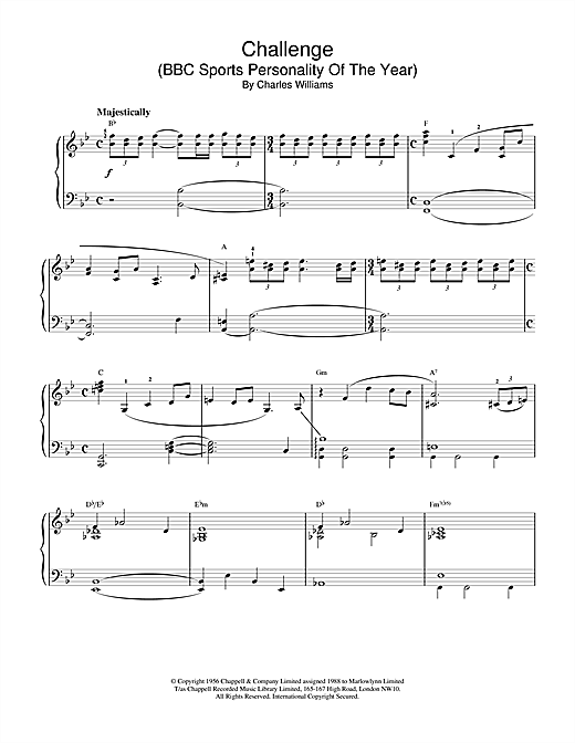 Learn to play Charles Williams Challenge (BBC Sports Personality Of The Year) sheet music for Piano Solo in minutes. Price: 7.8900$ Charles Williams Challenge (BBC Sports Personality Of The Year) sheet music notes and chords. Download Printable PDF.