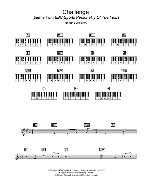 Learn to play Charles Williams Challenge (Theme from BBC Sports Personality of the Year) sheet music for Piano Chords/Lyrics in minutes. Price: 3.9900$ Charles Williams Challenge (Theme from BBC Sports Personality of the Year) sheet music notes and chords arranged for Piano Chords/Lyrics