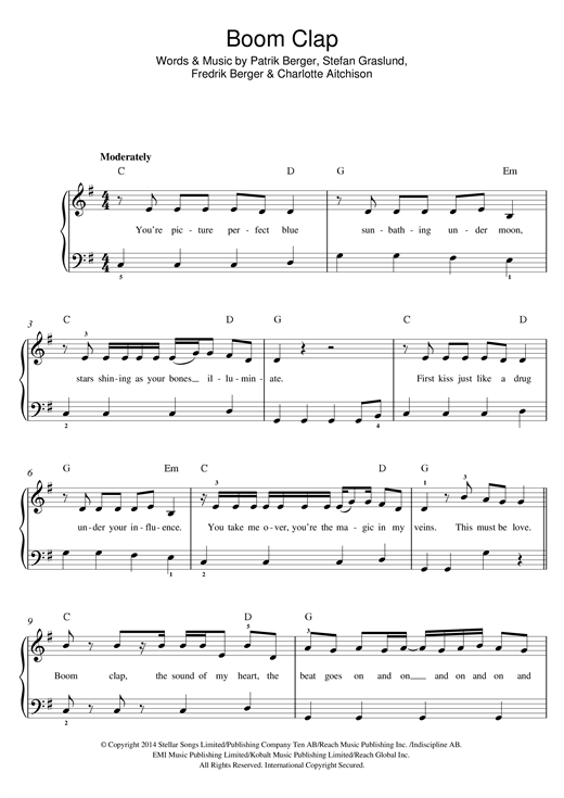 Charli Xcx Boom Clap Sheet Music Pdf Notes Chords Pop Score Beginner Piano Download Printable Sku 1037