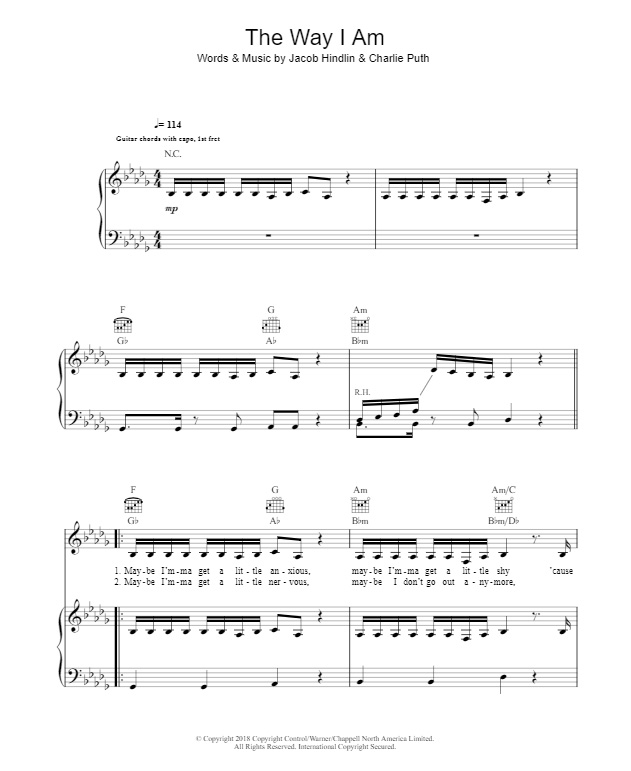 Preview Charlie Puth The Way I Am Pop sheet music, notes and chords for Piano, Vocal & Guitar (Right-Hand Melody), SKU: 125829 sheet music, piano notes, chords, guitar tabs, score, transpose, transcribe, how to play, guide, download, learn, tutorial, progression, song, artist, awards, billboard, mtv, vh1, tour, single, album, release