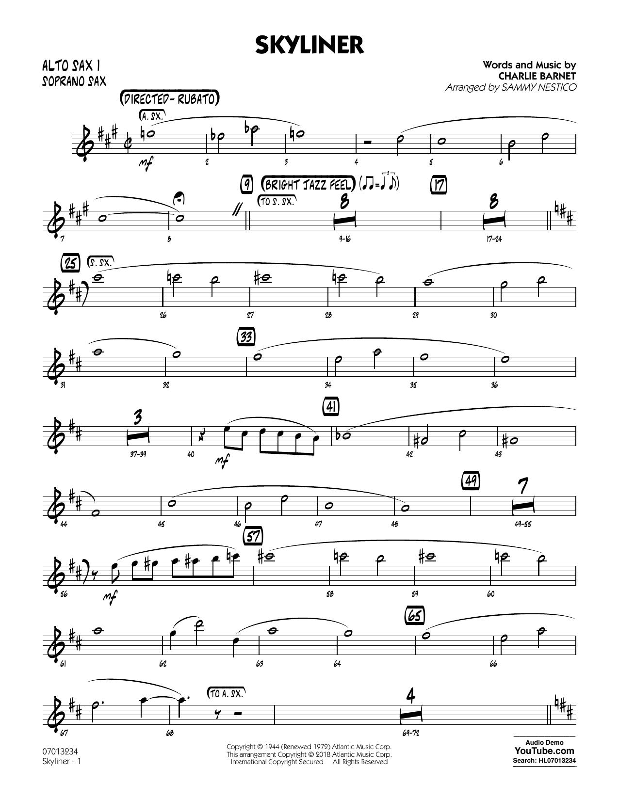 Learn to play Charlie Barnet Skyliner (arr. Sammy Nestico) - Alto Sax 1/Soprano Sax sheet music for Jazz Ensemble in minutes. Charlie Barnet Skyliner (arr. Sammy Nestico) - Alto Sax 1/Soprano Sax sheet music notes and chords. Download Printable PDF.