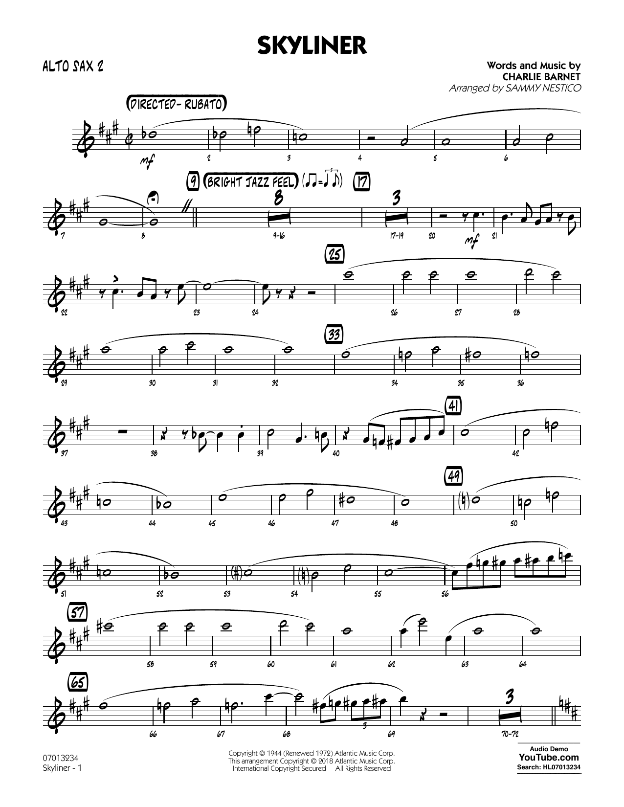 Learn to play Charlie Barnet Skyliner (arr. Sammy Nestico) - Alto Sax 2 sheet music for Jazz Ensemble in minutes. Charlie Barnet Skyliner (arr. Sammy Nestico) - Alto Sax 2 sheet music notes and chords. Download Printable PDF.