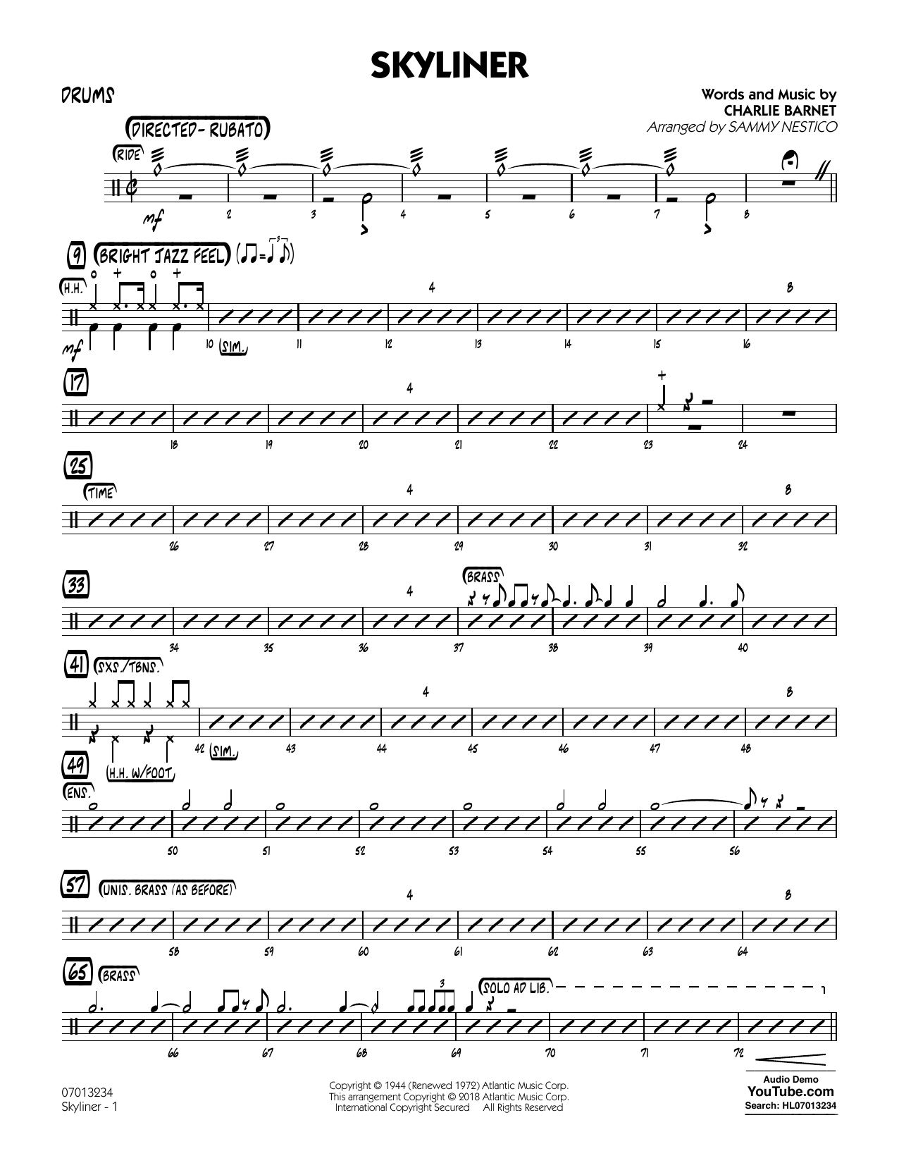 Learn to play Charlie Barnet Skyliner (arr. Sammy Nestico) - Drums sheet music for Jazz Ensemble in minutes. Charlie Barnet Skyliner (arr. Sammy Nestico) - Drums sheet music notes and chords. Download Printable PDF.