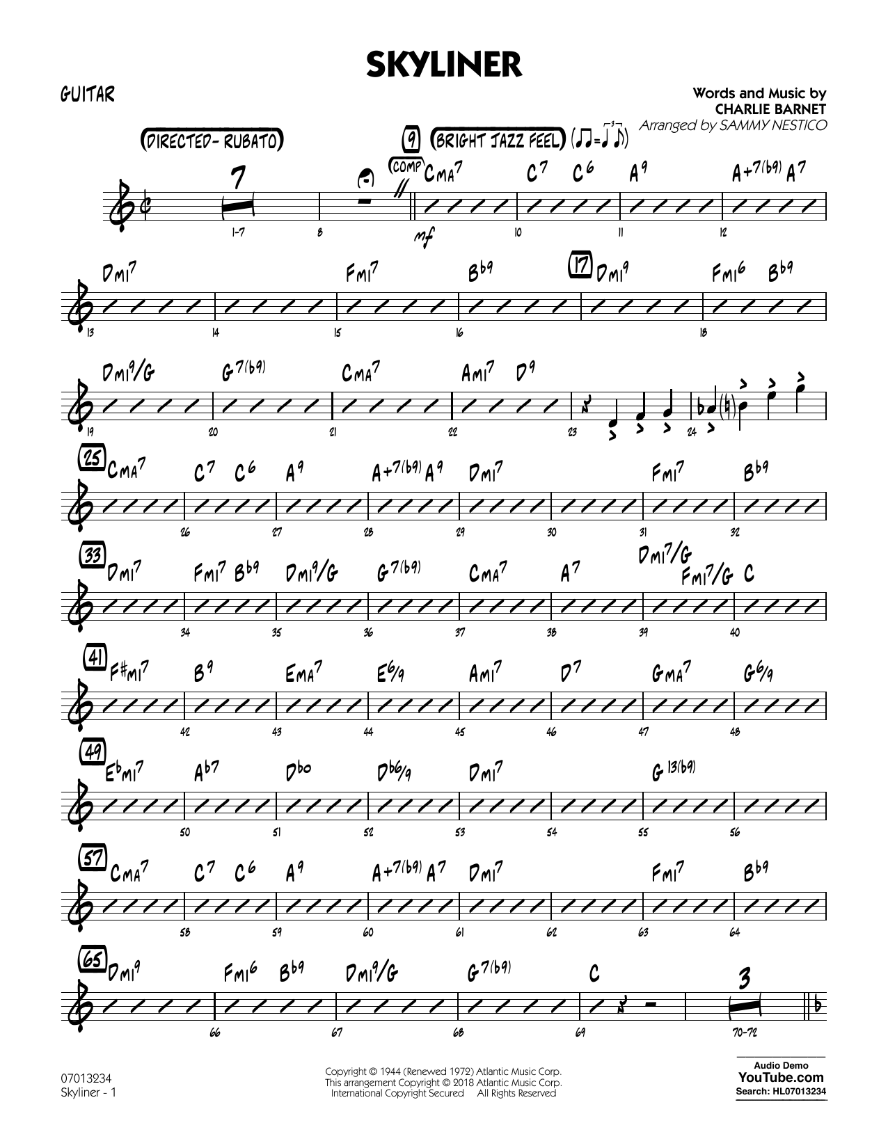 Learn to play Charlie Barnet Skyliner (arr. Sammy Nestico) - Guitar sheet music for Jazz Ensemble in minutes. Charlie Barnet Skyliner (arr. Sammy Nestico) - Guitar sheet music notes and chords. Download Printable PDF.