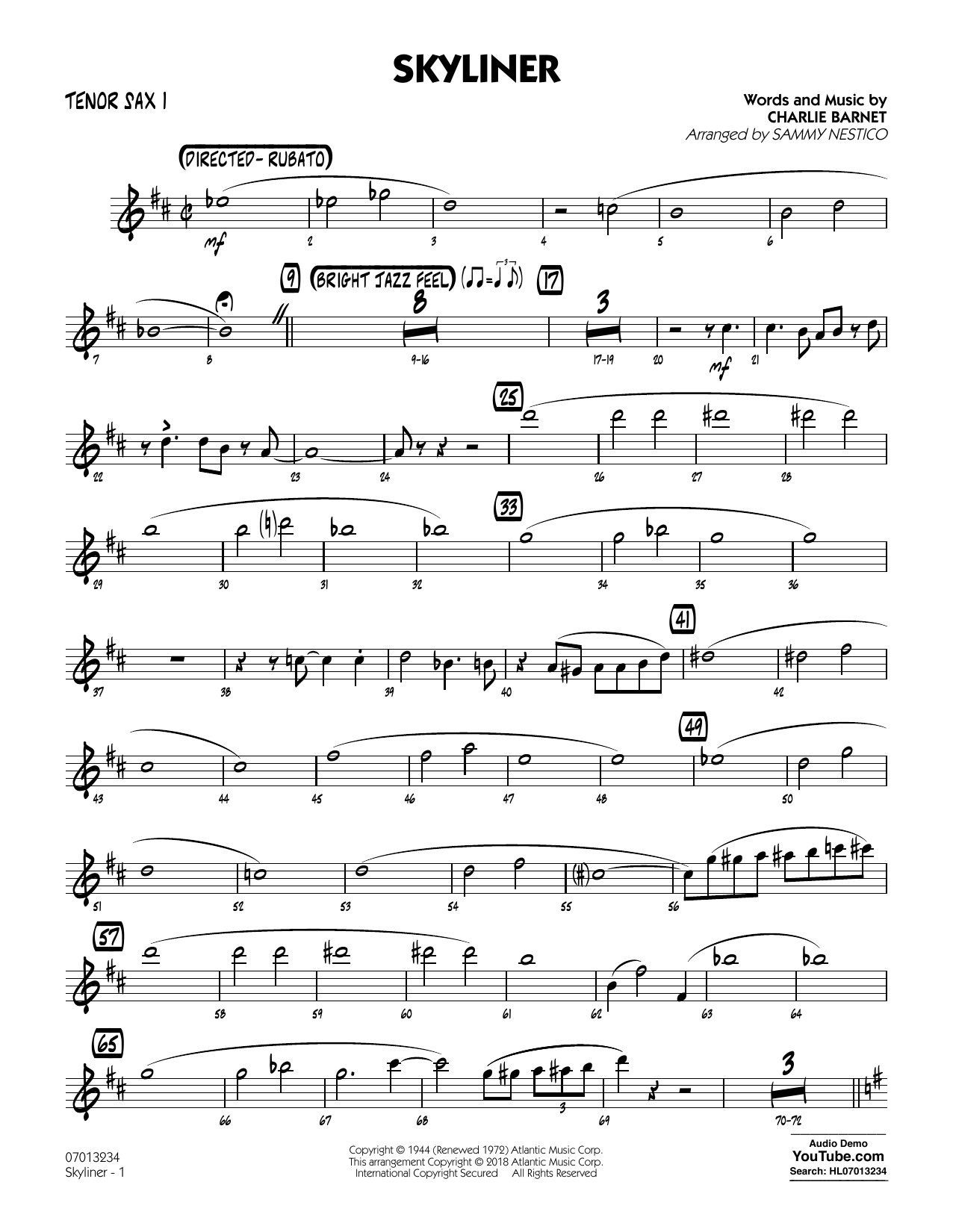 Learn to play Charlie Barnet Skyliner (arr. Sammy Nestico) - Tenor Sax 1 sheet music for Jazz Ensemble in minutes. Charlie Barnet Skyliner (arr. Sammy Nestico) - Tenor Sax 1 sheet music notes and chords. Download Printable PDF.
