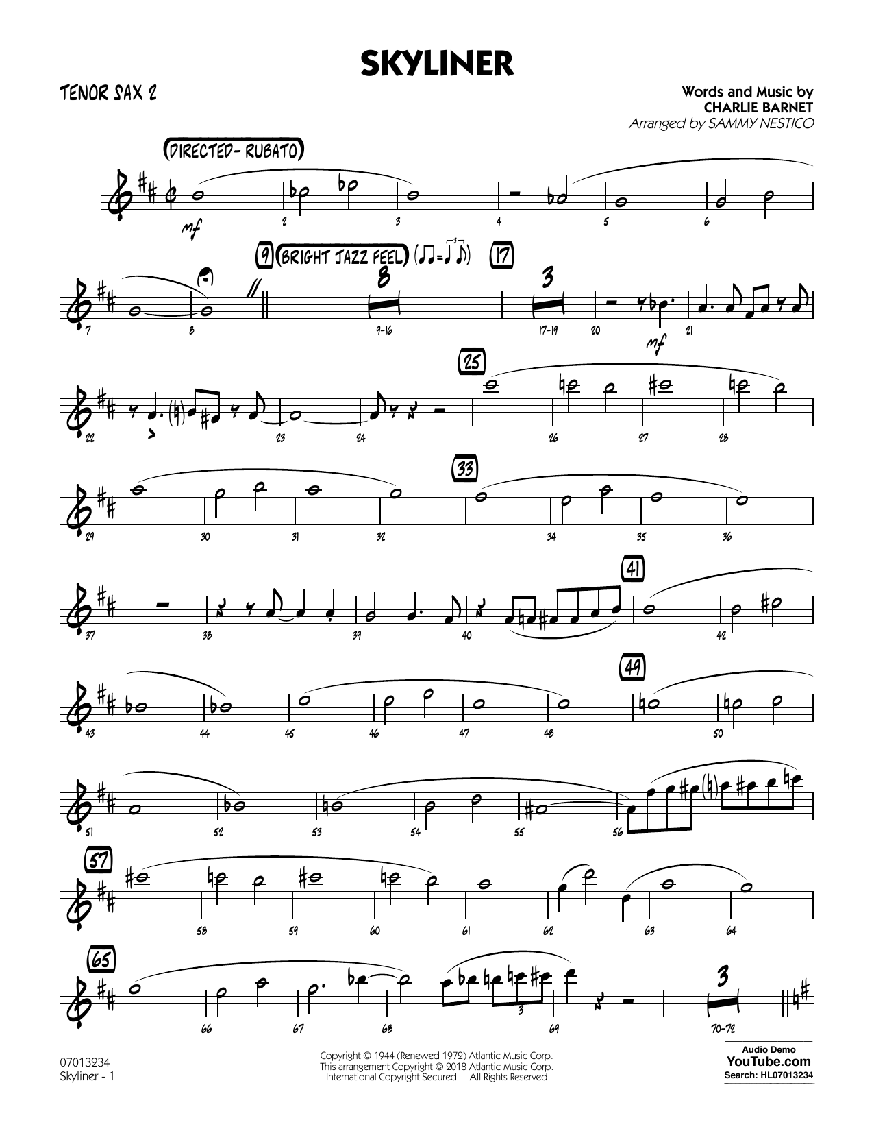 Learn to play Charlie Barnet Skyliner (arr. Sammy Nestico) - Tenor Sax 2 sheet music for Jazz Ensemble in minutes. Charlie Barnet Skyliner (arr. Sammy Nestico) - Tenor Sax 2 sheet music notes and chords. Download Printable PDF.