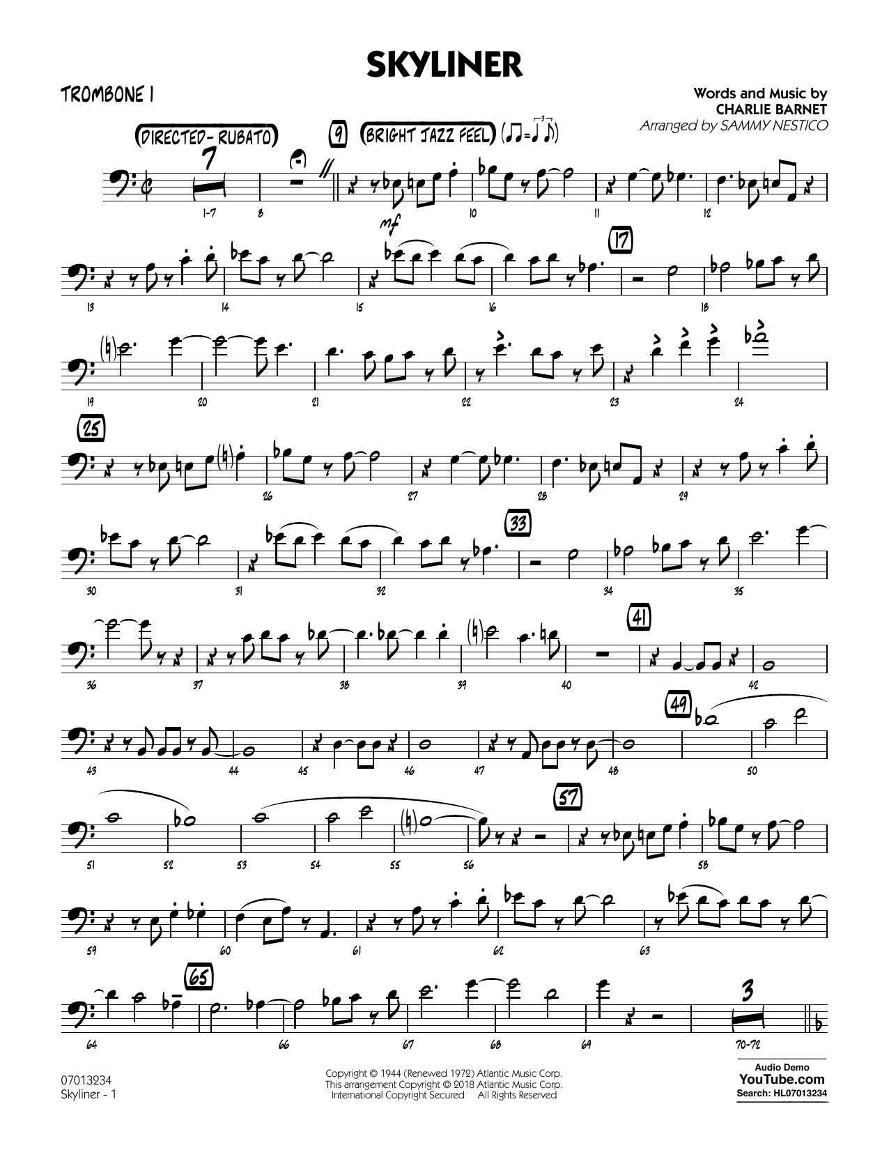 Learn to play Charlie Barnet Skyliner (arr. Sammy Nestico) - Trombone 1 sheet music for Jazz Ensemble in minutes. Charlie Barnet Skyliner (arr. Sammy Nestico) - Trombone 1 sheet music notes and chords. Download Printable PDF.