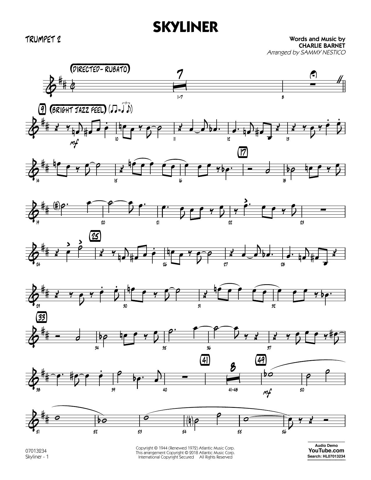 Learn to play Charlie Barnet Skyliner (arr. Sammy Nestico) - Trumpet 2 sheet music for Jazz Ensemble in minutes. Charlie Barnet Skyliner (arr. Sammy Nestico) - Trumpet 2 sheet music notes and chords. Download Printable PDF.