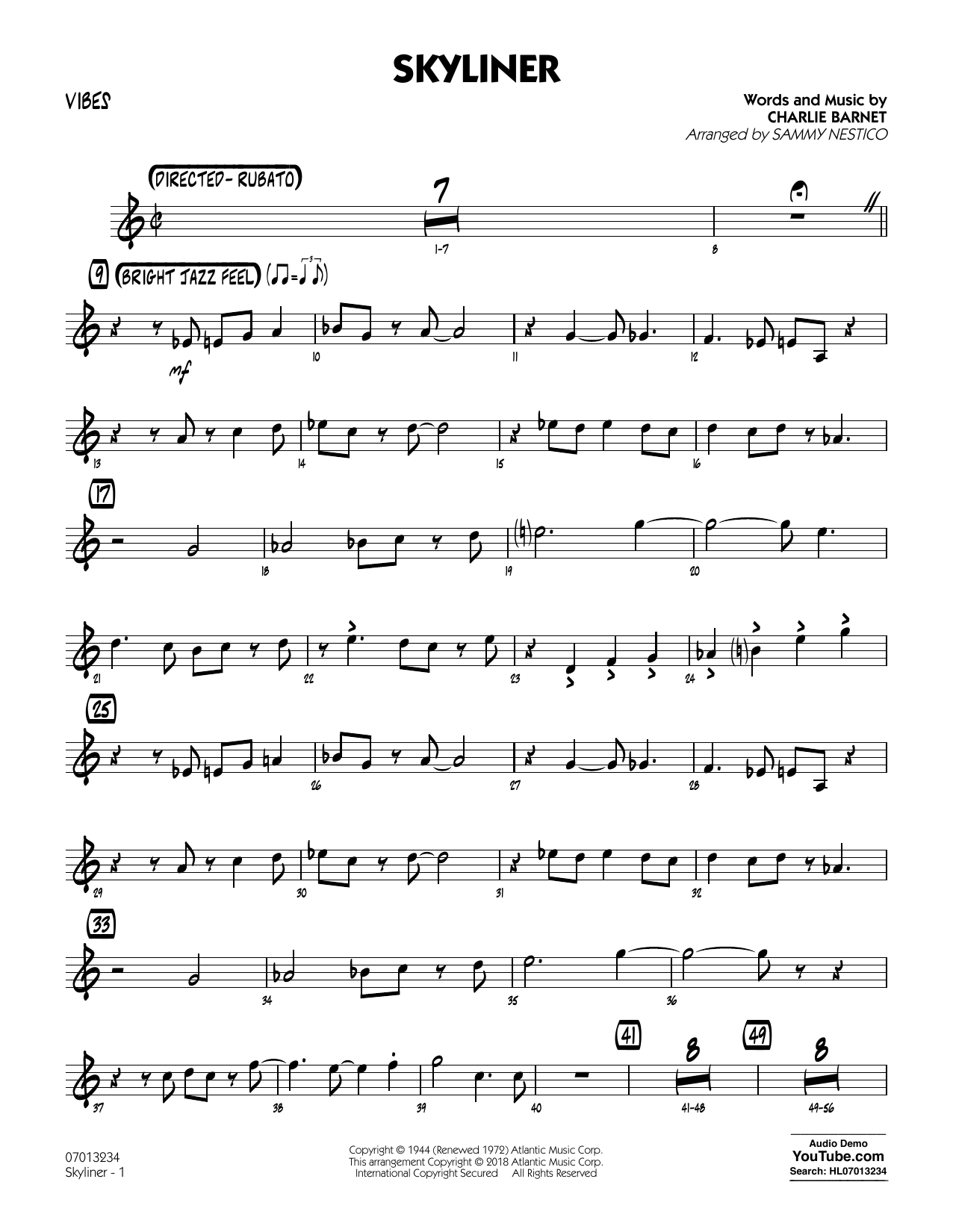Learn to play Charlie Barnet Skyliner (arr. Sammy Nestico) - Vibes sheet music for Jazz Ensemble in minutes. Charlie Barnet Skyliner (arr. Sammy Nestico) - Vibes sheet music notes and chords. Download Printable PDF.