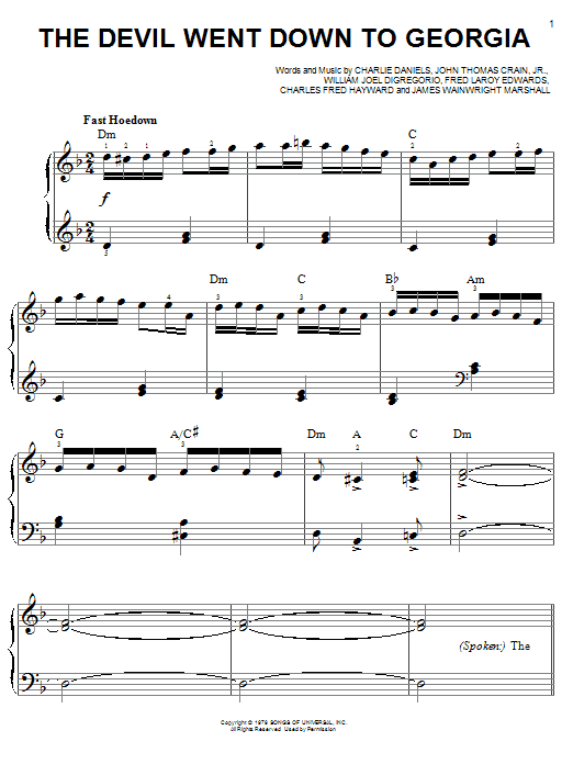 Learn to play Charlie Daniels Band The Devil Went Down To Georgia sheet music for Easy Piano in minutes. Charlie Daniels Band The Devil Went Down To Georgia sheet music notes and chords. Download Printable PDF.