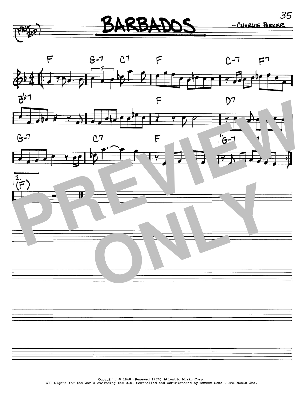 Charlie Parker Barbados sheet music notes and chords. Download Printable PDF.