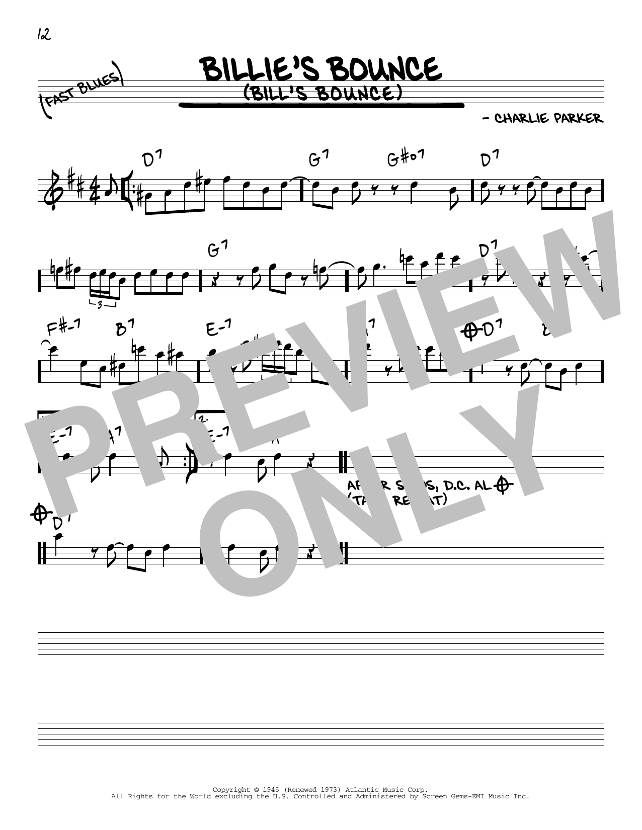 Charlie Parker Billie's Bounce (Bill's Bounce) sheet music notes and chords. Download Printable PDF.