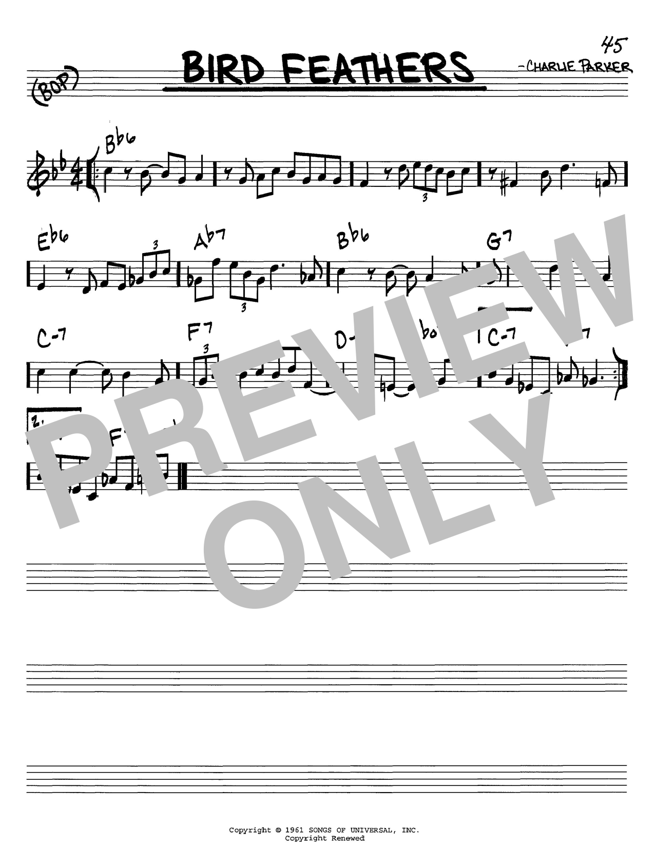 Learn to play Charlie Parker Bird Feathers sheet music for Real Book – Melody & Chords in minutes. Charlie Parker Bird Feathers sheet music notes and chords. Download Printable PDF.