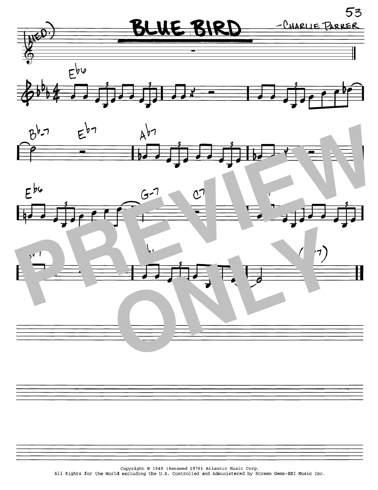 Charlie Parker Blue Bird sheet music notes and chords. Download Printable PDF.