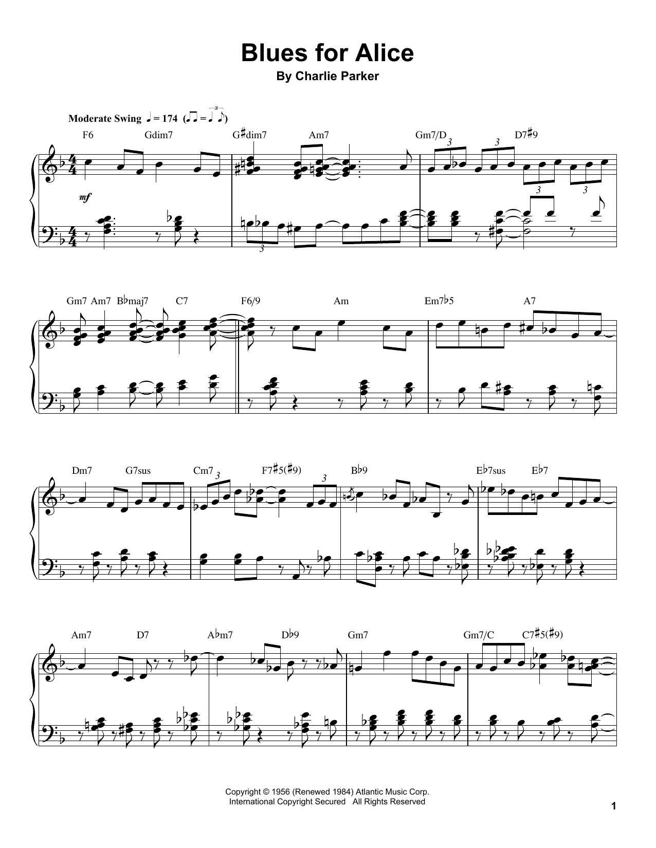 Charlie Parker Blues For Alice sheet music notes and chords. Download Printable PDF.