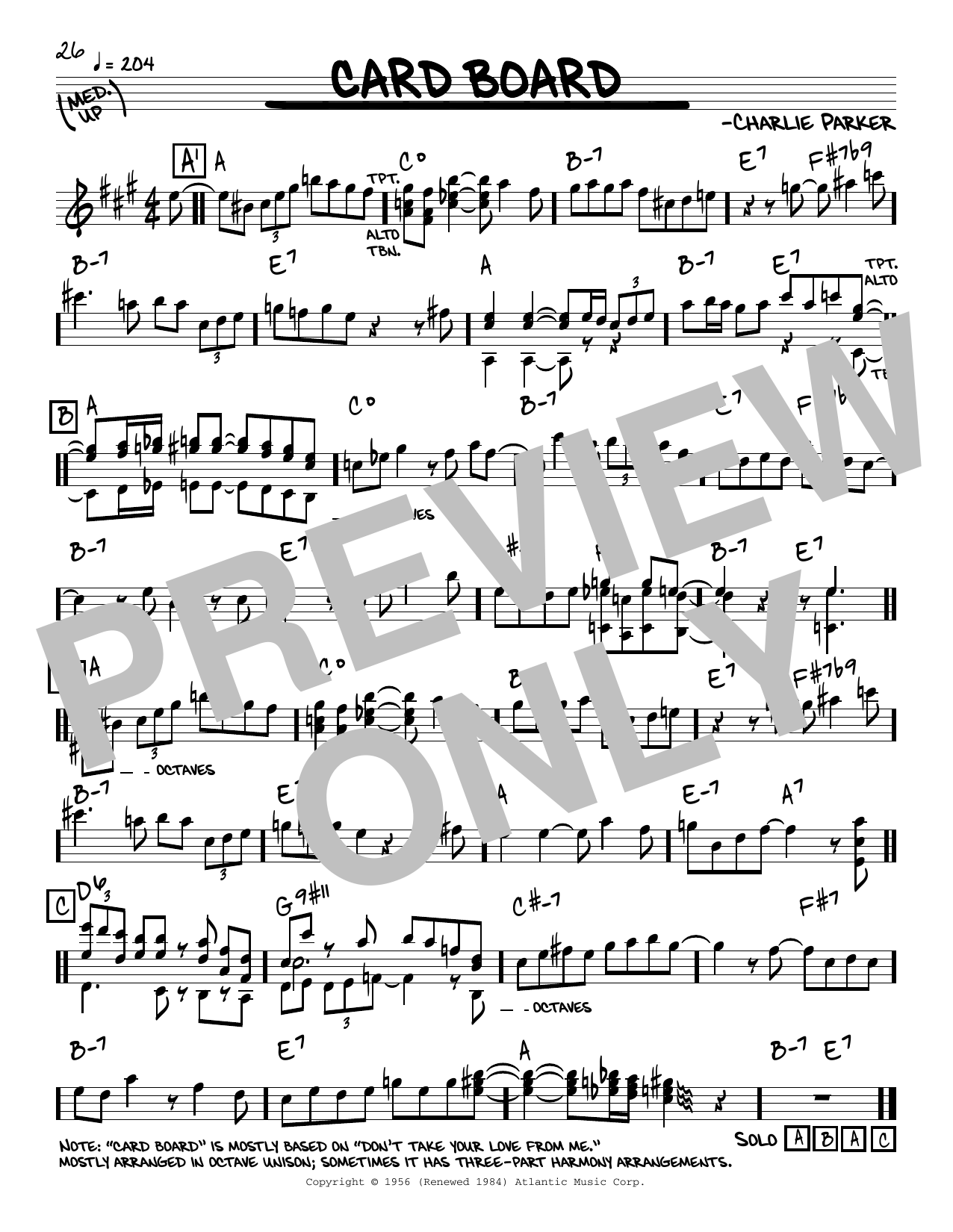 Charlie Parker Card Board sheet music notes and chords. Download Printable PDF.