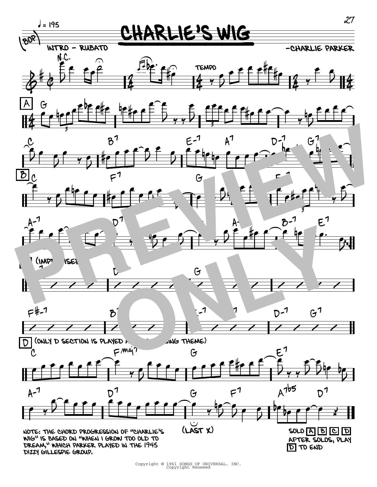 Charlie Parker Charlie's Wig sheet music notes and chords. Download Printable PDF.