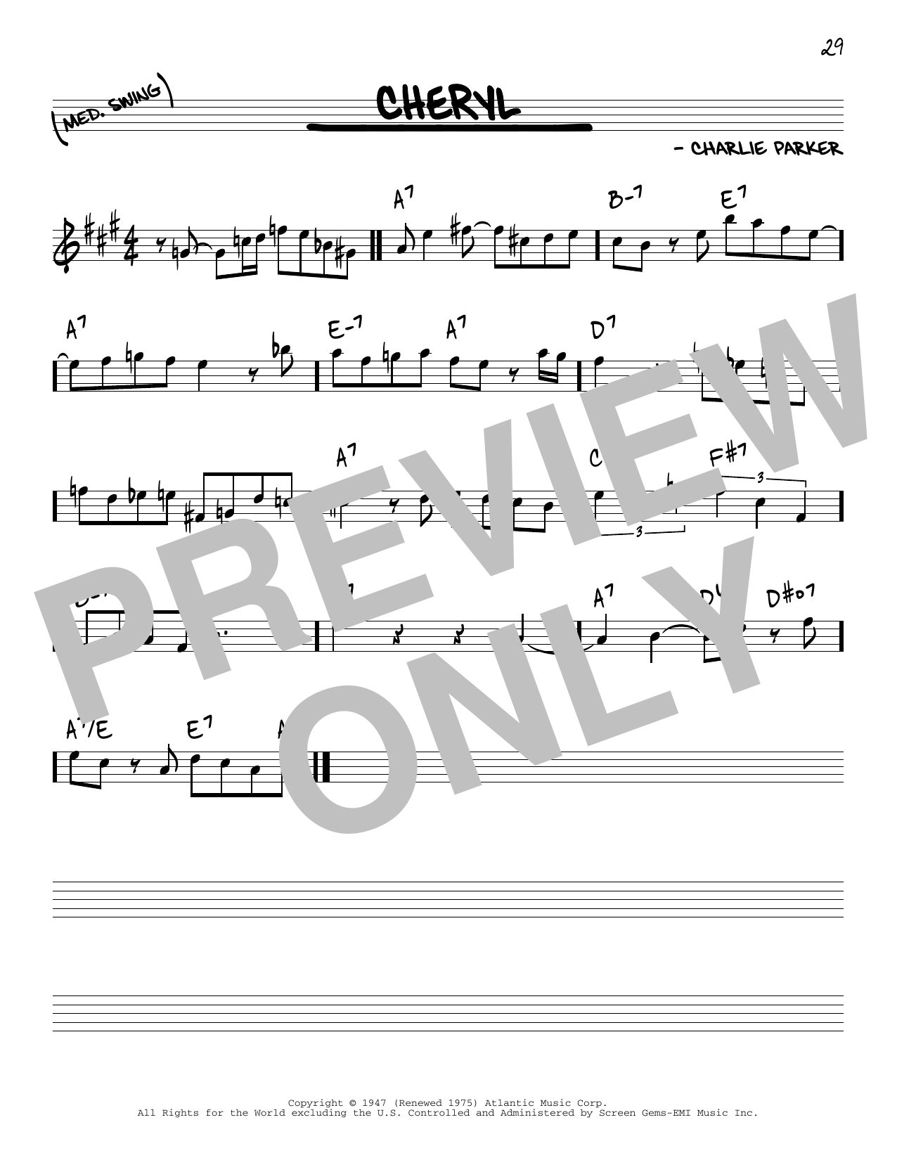 Charlie Parker Cheryl sheet music notes and chords. Download Printable PDF.