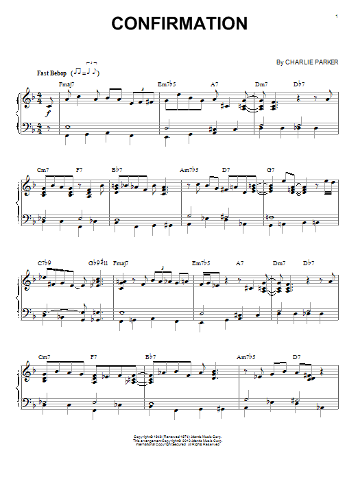 Learn to play Charlie Parker Confirmation (arr. Brent Edstrom) sheet music for Piano Solo in minutes. Charlie Parker Confirmation (arr. Brent Edstrom) sheet music notes and chords. Download Printable PDF.