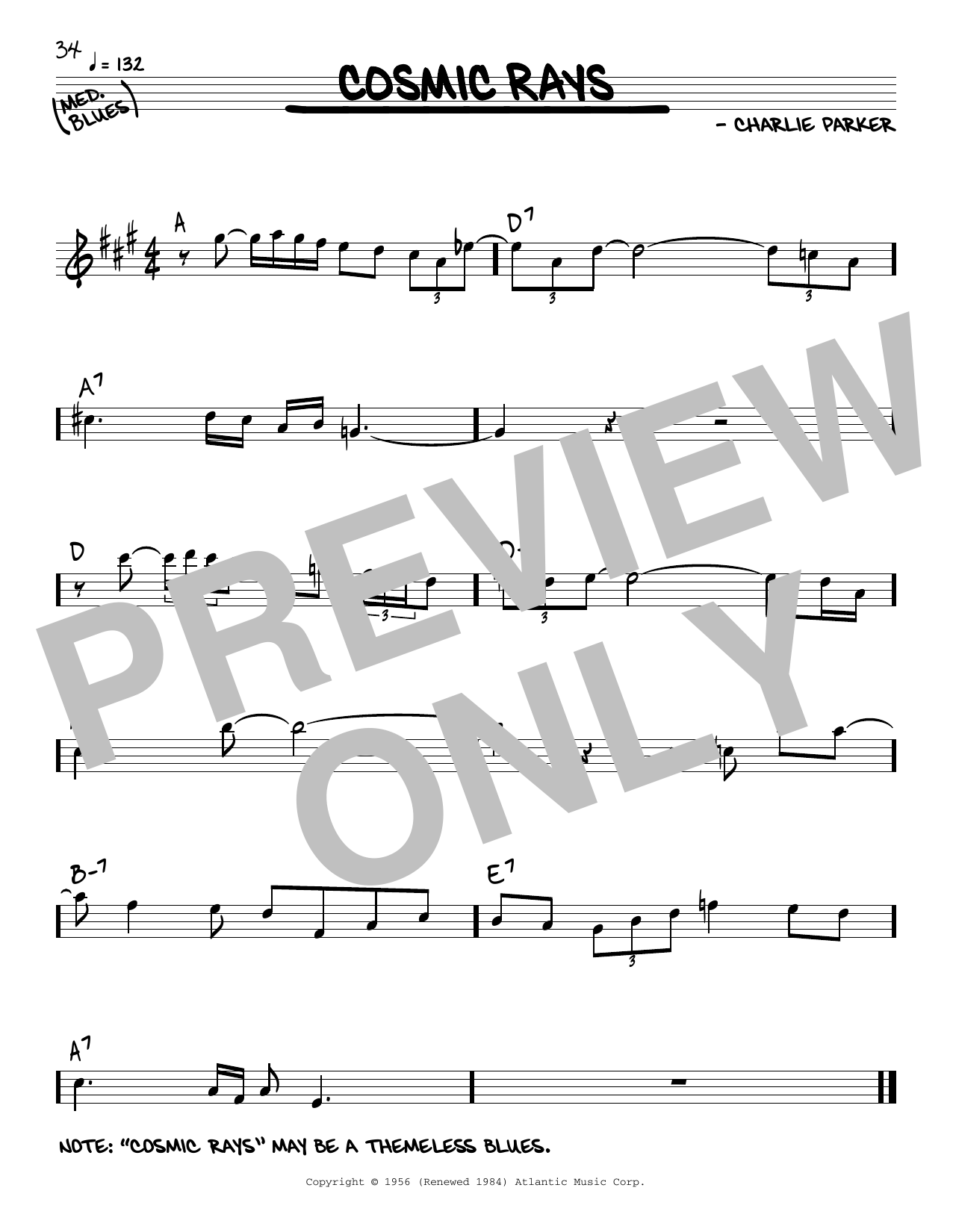 Charlie Parker Cosmic Rays sheet music notes and chords. Download Printable PDF.