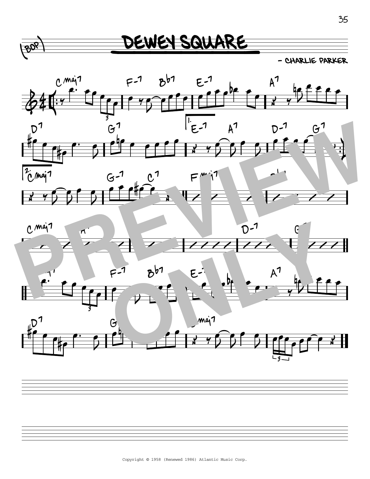 Charlie Parker Dewey Square sheet music notes and chords. Download Printable PDF.