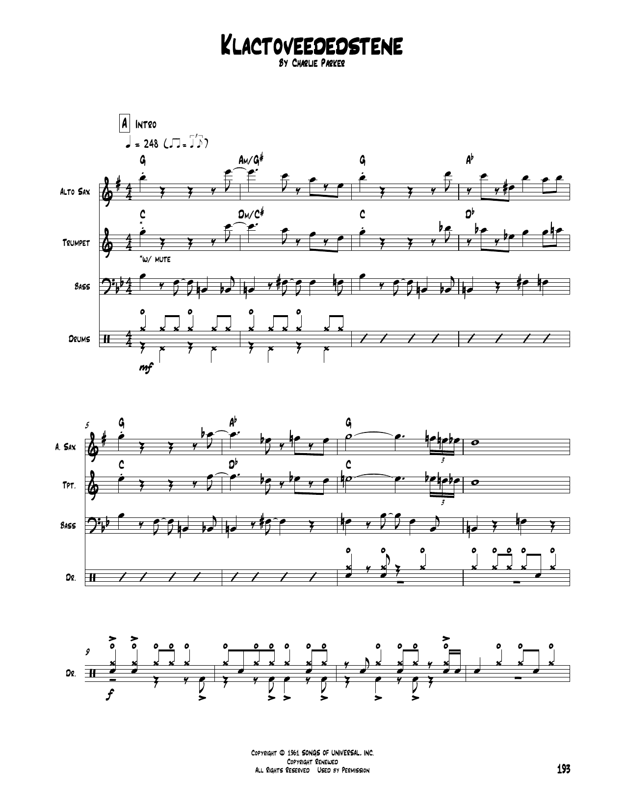 Charlie Parker Klactoveededstene sheet music notes and chords. Download Printable PDF.