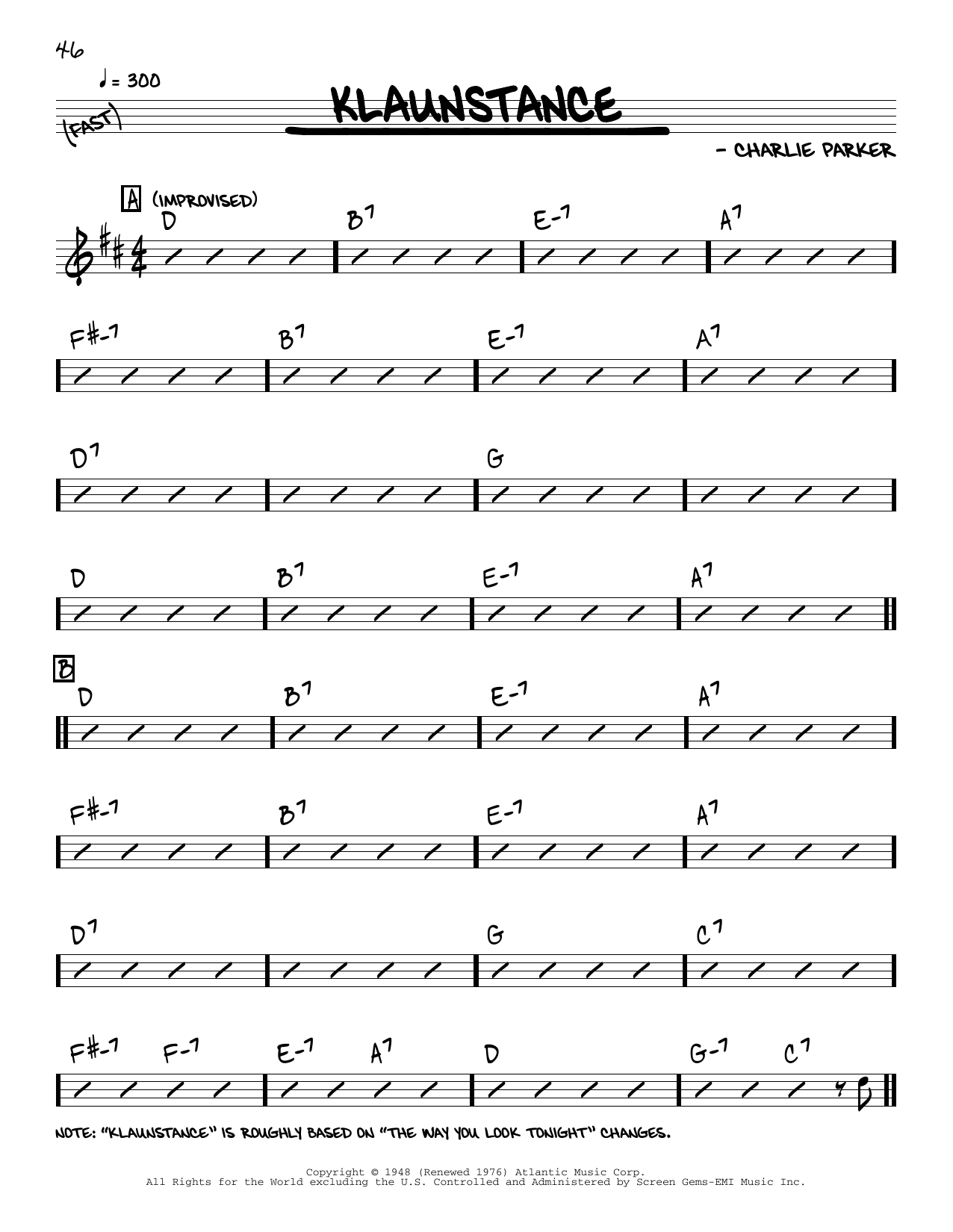 Charlie Parker Klaunstance sheet music notes and chords. Download Printable PDF.