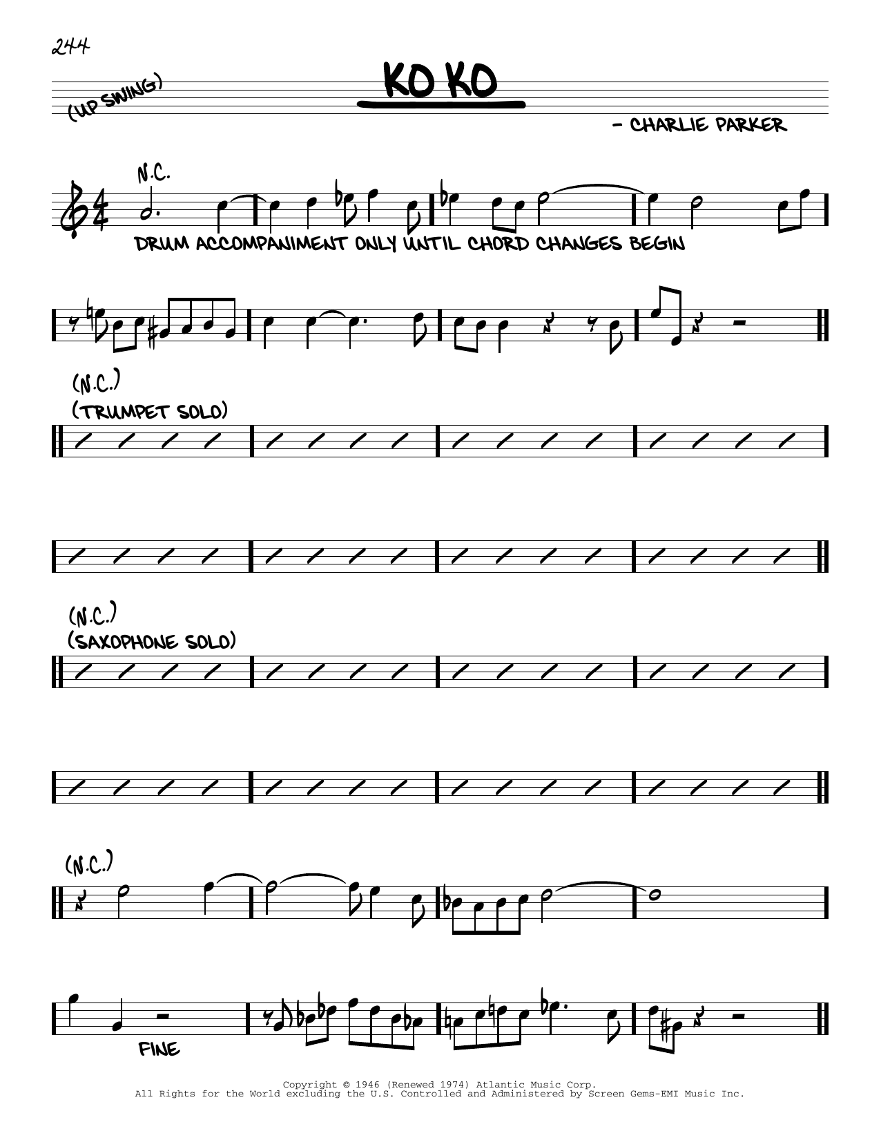 Charlie Parker Ko Ko sheet music notes and chords. Download Printable PDF.