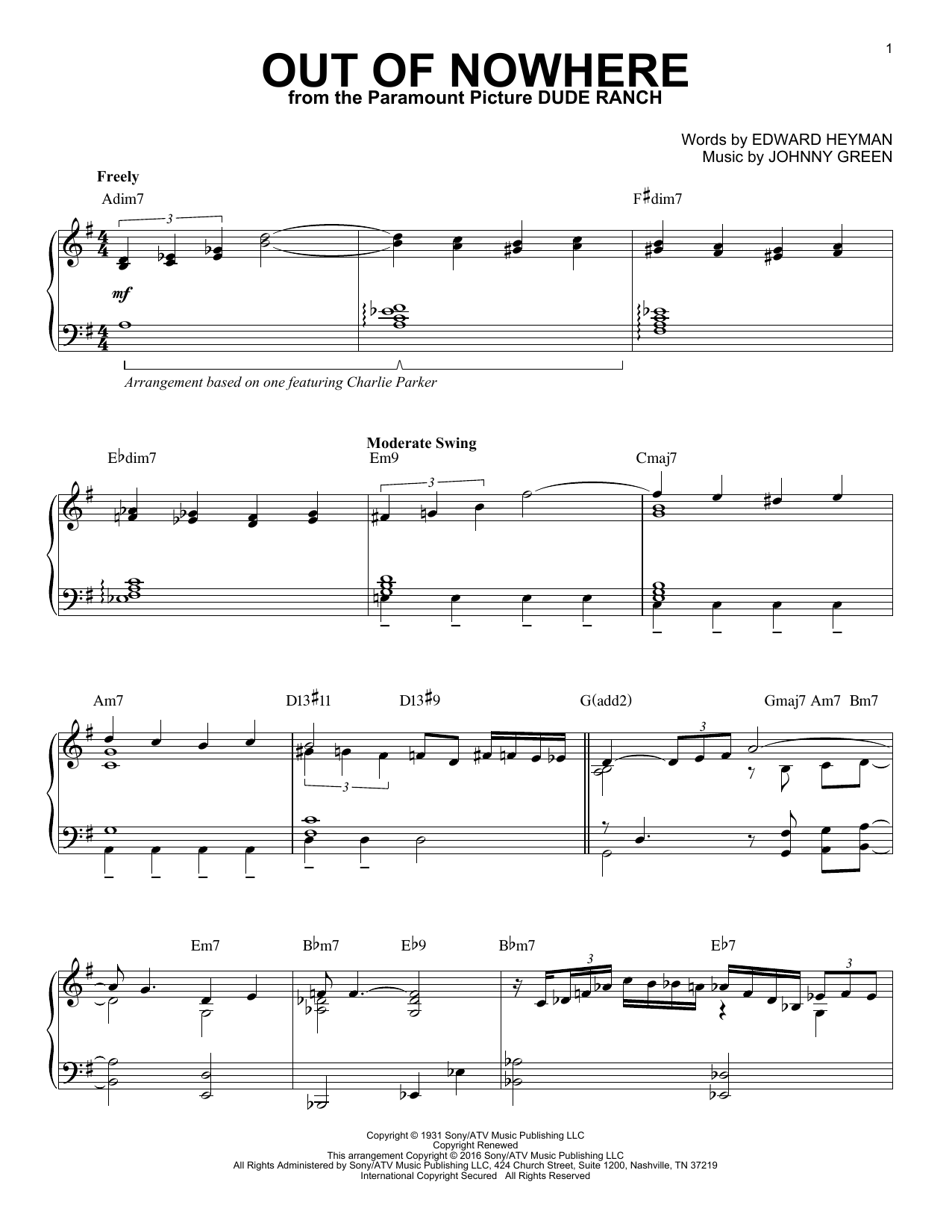 Charlie Parker Out Of Nowhere Arr Brent Edstrom Sheet Music