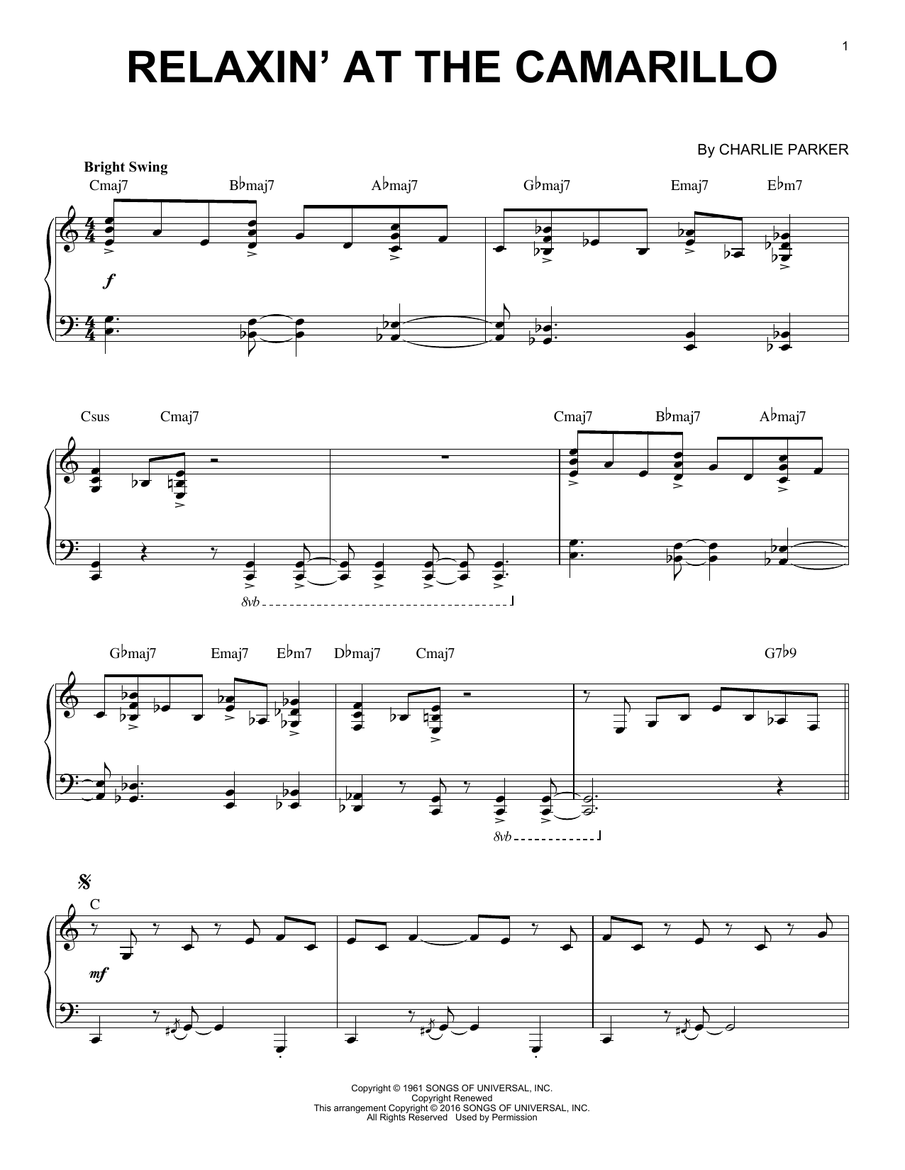 Learn to play Charlie Parker Relaxin' At The Camarillo (arr. Brent Edstrom) sheet music for Piano Solo in minutes. Charlie Parker Relaxin' At The Camarillo (arr. Brent Edstrom) sheet music notes and chords. Download Printable PDF.