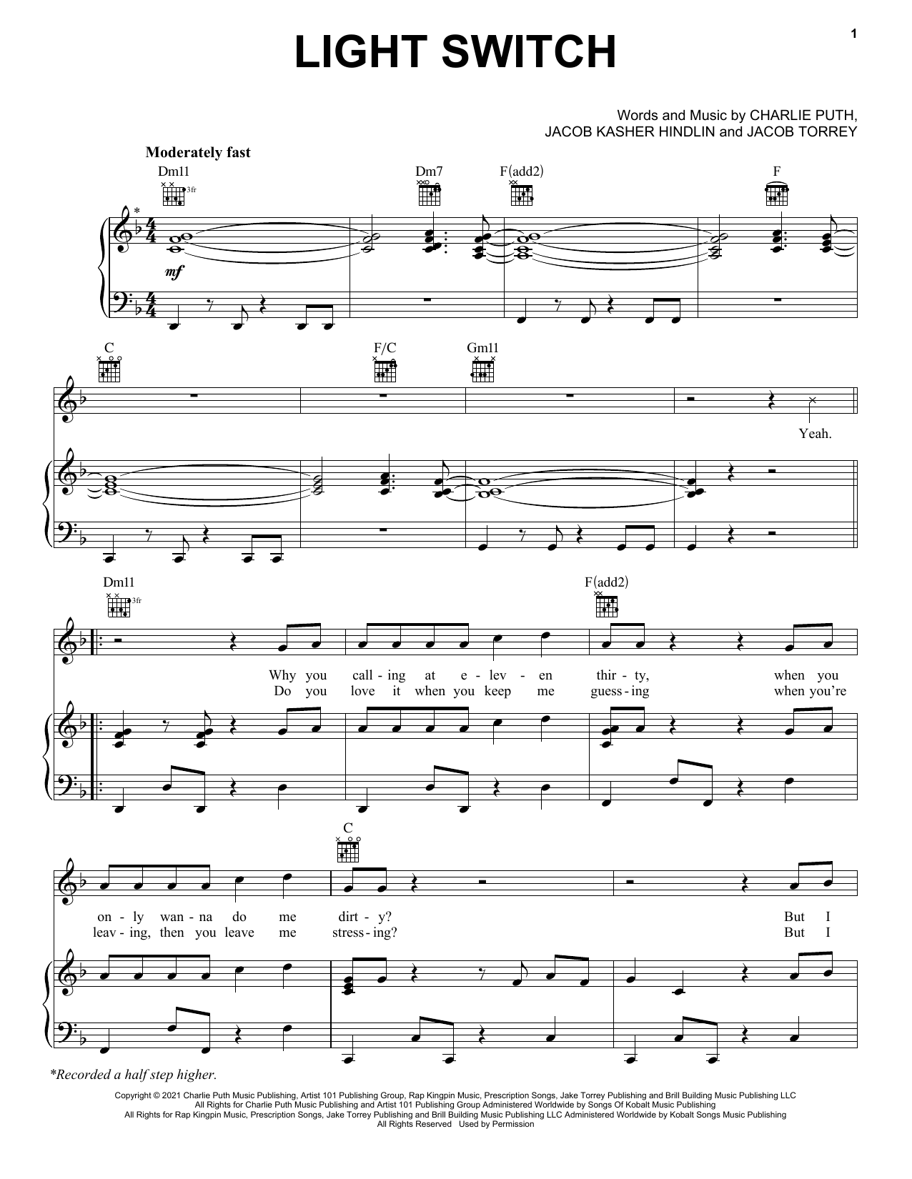 Charlie Puth Light Switch sheet music notes and chords. Download Printable PDF.