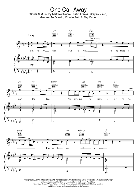 Clasificación Adular A nueve Charlie Puth "One Call Away" Sheet Music PDF Notes, Chords | Pop Score Easy  Piano Download Printable. SKU: 174531