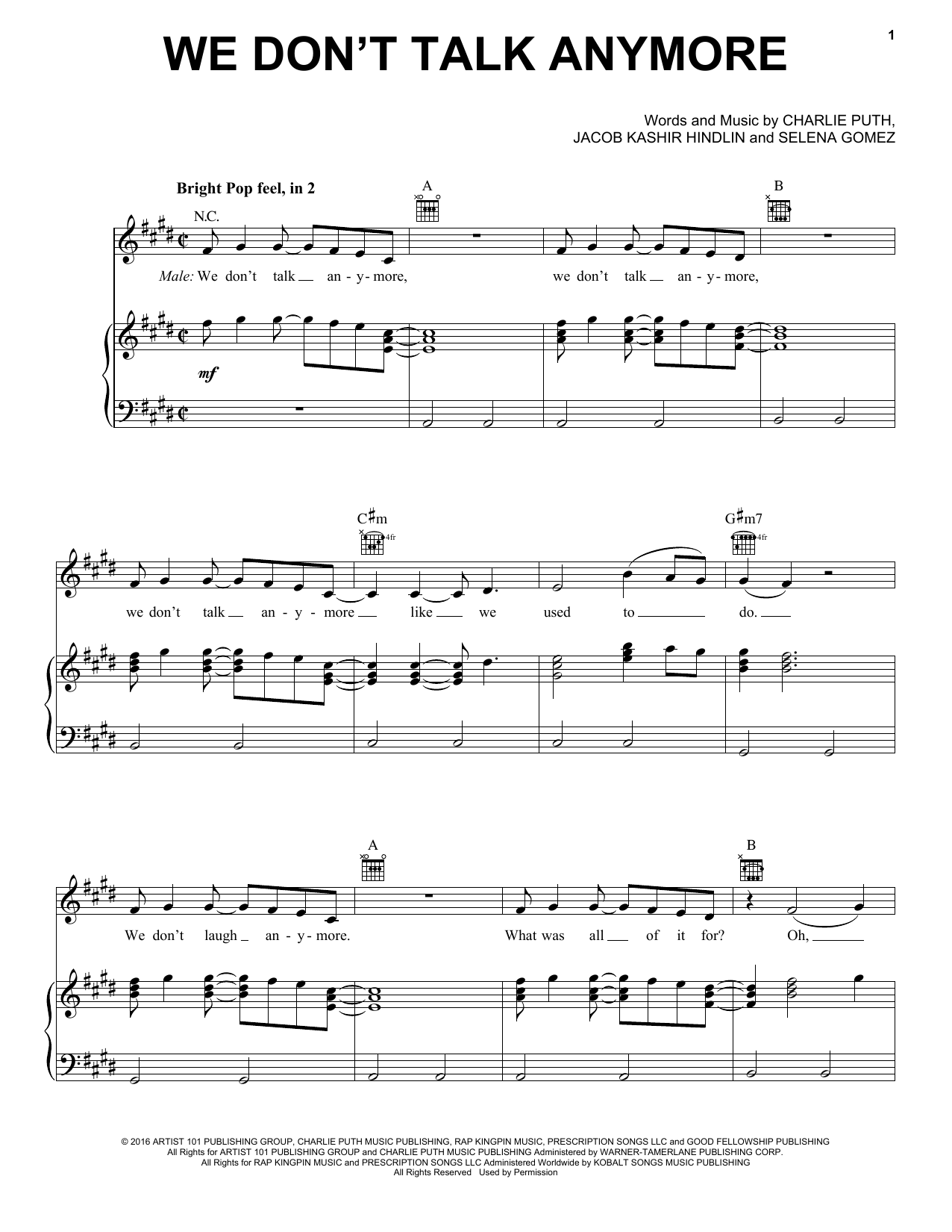 Charlie Puth We Don T Talk Anymore Feat Selena Gomez Sheet Music Pdf Notes Chords Pop Score Guitar Tab Download Printable Sku 174670