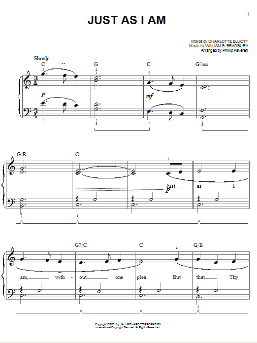 Charlotte Elliott Just As I Am sheet music notes and chords. Download Printable PDF.