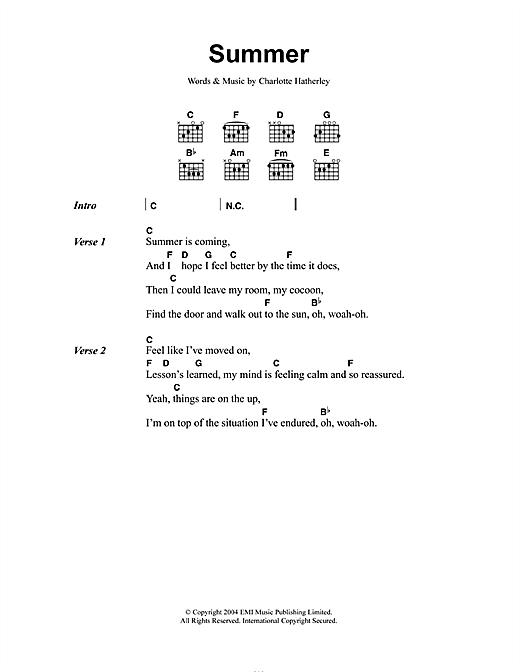 Learn to play Charlotte Hatherley Summer sheet music for Guitar Chords/Lyrics in minutes. Charlotte Hatherley Summer sheet music notes and chords. Download Printable PDF.