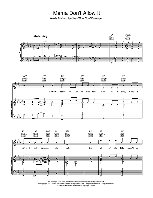 Learn to play Chas 'Cow Cow' Davenport Mama Don't Allow It sheet music for Piano, Vocal & Guitar (Right-Hand Melody) in minutes. Chas 'Cow Cow' Davenport Mama Don't Allow It sheet music notes and chords. Download Printable PDF.