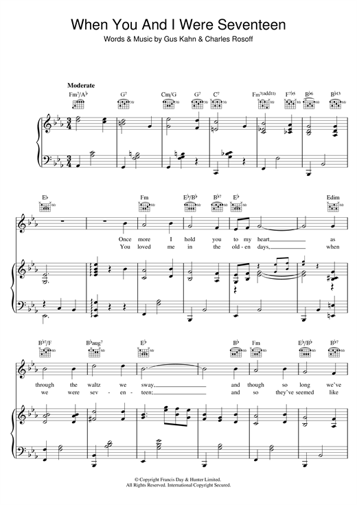 Learn to play Chas Rosoff When You And I Were Seventeen sheet music for Piano, Vocal & Guitar (Right-Hand Melody) in minutes. Chas Rosoff When You And I Were Seventeen sheet music notes and chords. Download Printable PDF.