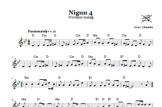 Learn to play Chasidic Nigun 4 (Wordless Melody) sheet music for Lead Sheet / Fake Book in minutes. Price: 5.9900$ Chasidic Nigun 4 (Wordless Melody) sheet music notes and chords arranged for Lead Sheet / Fake Book