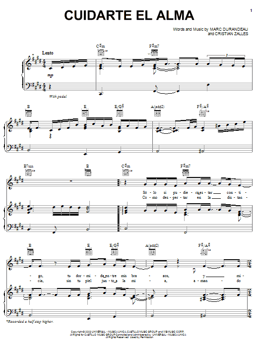 Chayanne Cuidarte El Alma sheet music notes and chords. Download Printable PDF.