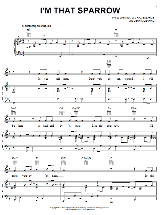 Preview Chaz Bosarge I'm That Sparrow Children sheet music, notes and chords for Piano, Vocal & Guitar (Right-Hand Melody), SKU: 27051 sheet music, piano notes, chords, guitar tabs, score, transpose, transcribe, how to play, guide, download, learn, tutorial, progression, song, artist, awards, billboard, mtv, vh1, tour, single, album, release
