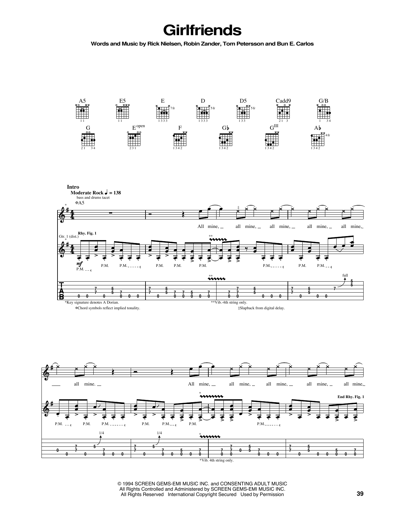 Cheap Trick Girlfriends sheet music notes and chords. Download Printable PDF.