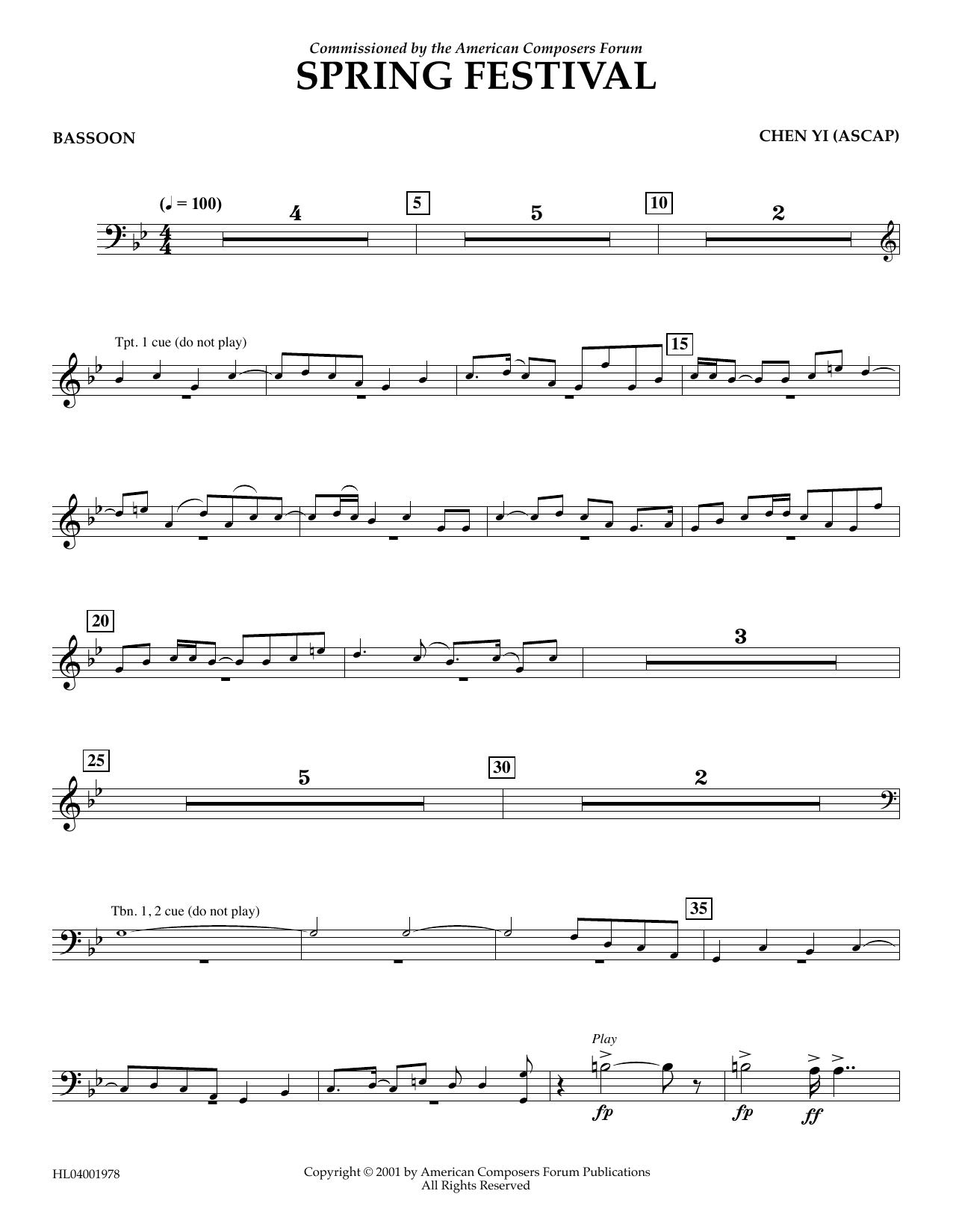 Learn to play Chen Yi Spring Festival - Bassoon sheet music for Concert Band in minutes. Price: 5.9900$ Chen Yi Spring Festival - Bassoon sheet music notes and chords arranged for Concert Band