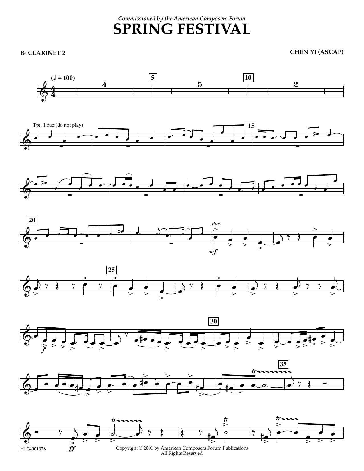 Learn to play Chen Yi Spring Festival - Bb Clarinet 2 sheet music for Concert Band in minutes. Price: 5.9900$ Chen Yi Spring Festival - Bb Clarinet 2 sheet music notes and chords arranged for Concert Band