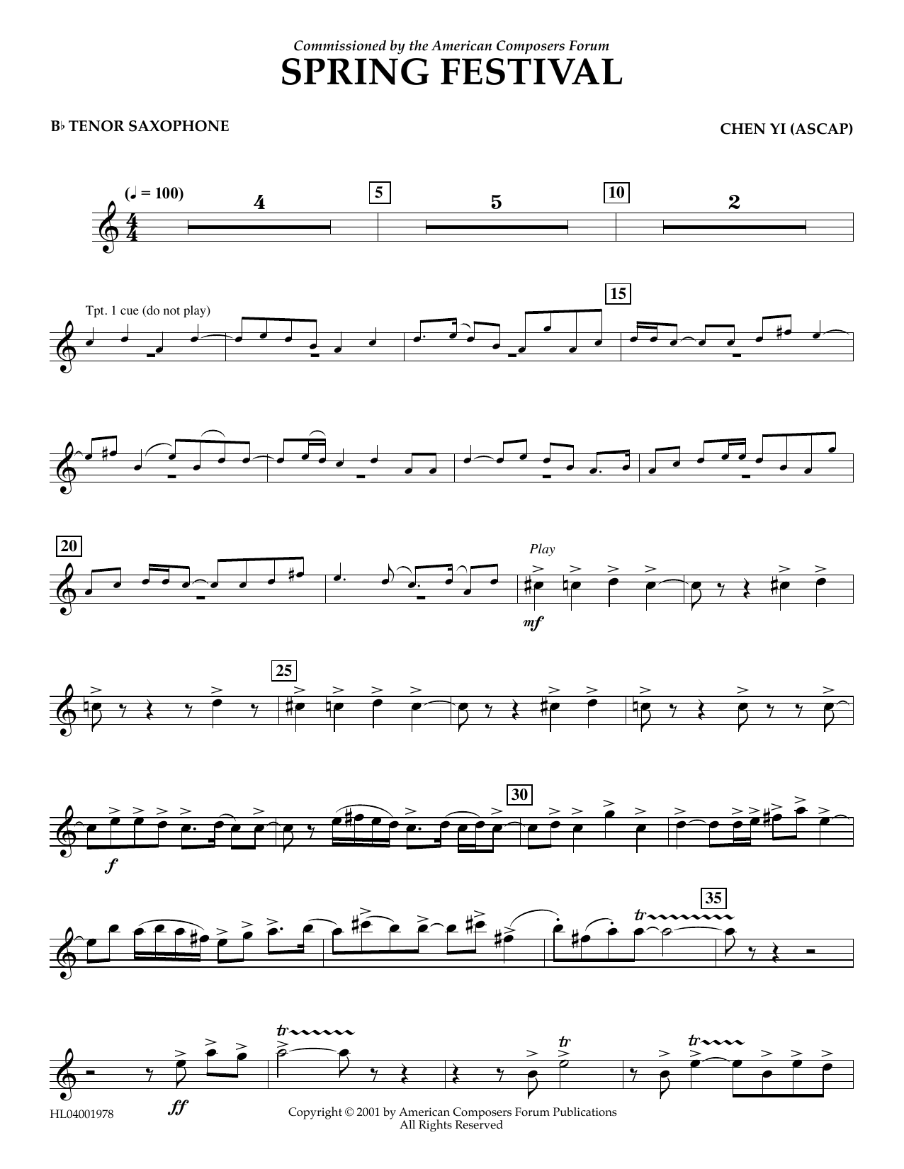 Learn to play Chen Yi Spring Festival - Bb Tenor Saxophone sheet music for Concert Band in minutes. Price: 5.9900$ Chen Yi Spring Festival - Bb Tenor Saxophone sheet music notes and chords arranged for Concert Band