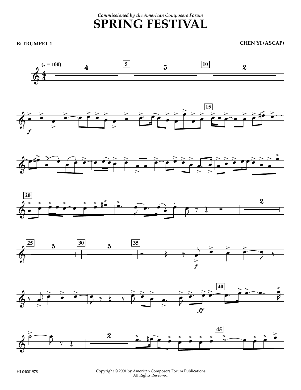 Learn to play Chen Yi Spring Festival - Bb Trumpet 1 sheet music for Concert Band in minutes. Price: 5.9900$ Chen Yi Spring Festival - Bb Trumpet 1 sheet music notes and chords arranged for Concert Band