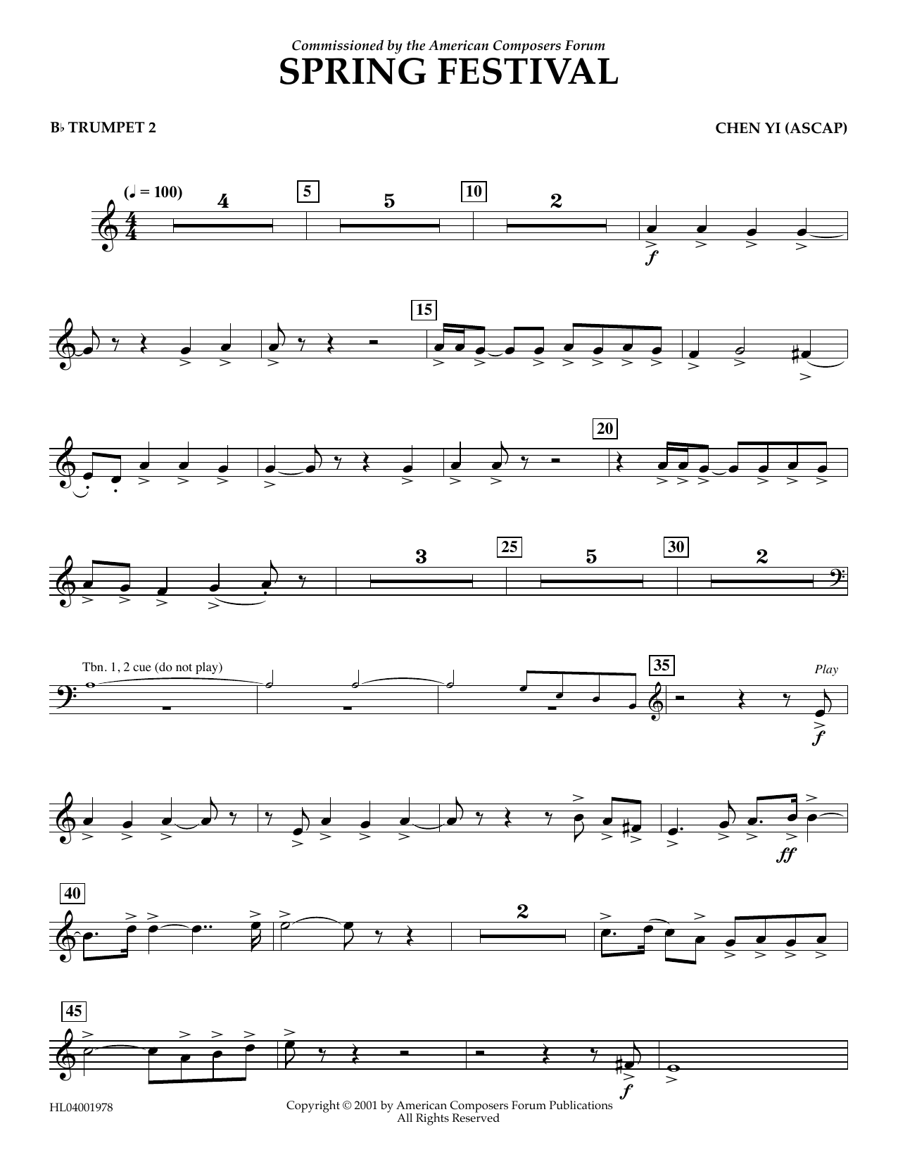 Learn to play Chen Yi Spring Festival - Bb Trumpet 2 sheet music for Concert Band in minutes. Price: 5.9900$ Chen Yi Spring Festival - Bb Trumpet 2 sheet music notes and chords arranged for Concert Band