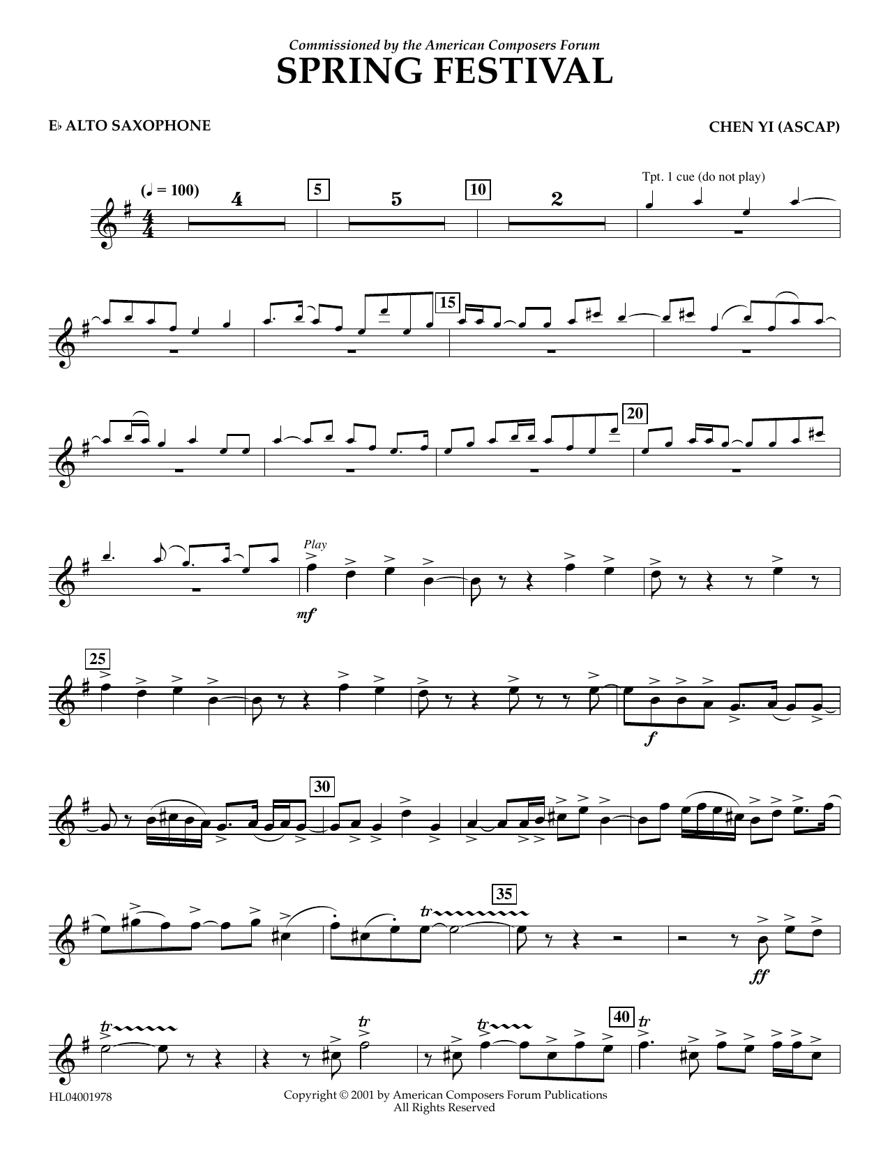 Learn to play Chen Yi Spring Festival - Eb Alto Saxophone sheet music for Concert Band in minutes. Price: 5.9900$ Chen Yi Spring Festival - Eb Alto Saxophone sheet music notes and chords arranged for Concert Band