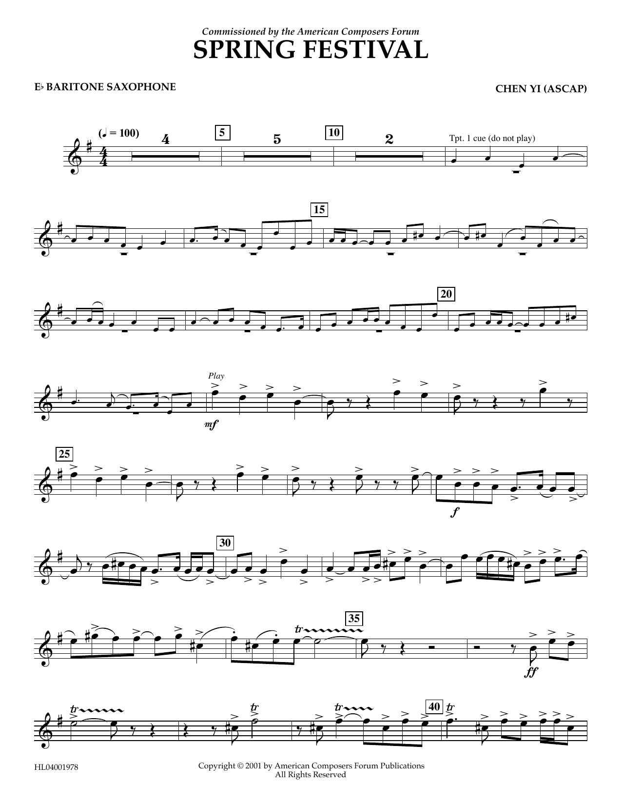 Learn to play Chen Yi Spring Festival - Eb Baritone Saxophone sheet music for Concert Band in minutes. Price: 5.9900$ Chen Yi Spring Festival - Eb Baritone Saxophone sheet music notes and chords arranged for Concert Band
