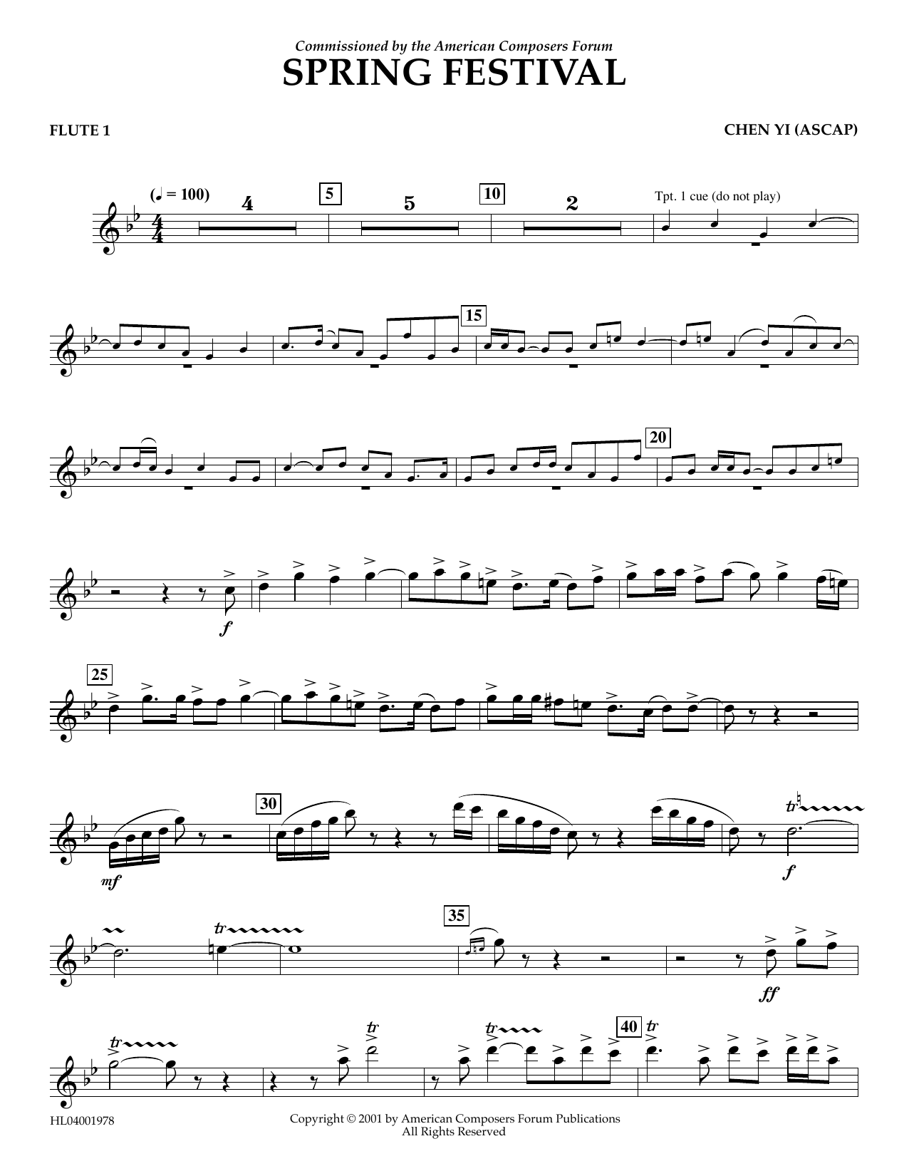 Learn to play Chen Yi Spring Festival - Flute 1 sheet music for Concert Band in minutes. Price: 5.9900$ Chen Yi Spring Festival - Flute 1 sheet music notes and chords arranged for Concert Band